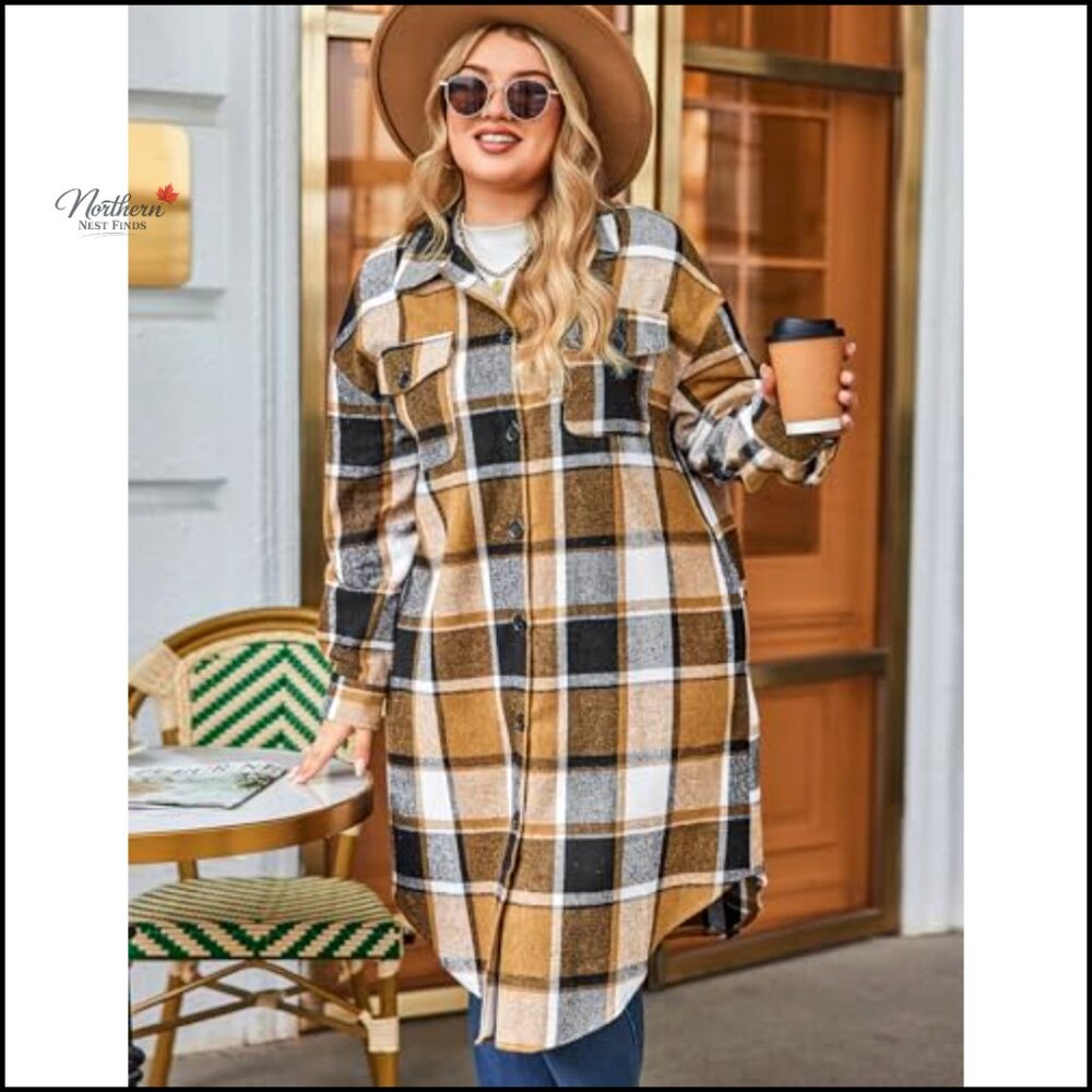 Plus Size Flannel Plaid Button Down Shirt Long Sleeve Shacket Jacket - Picture 3 of 7